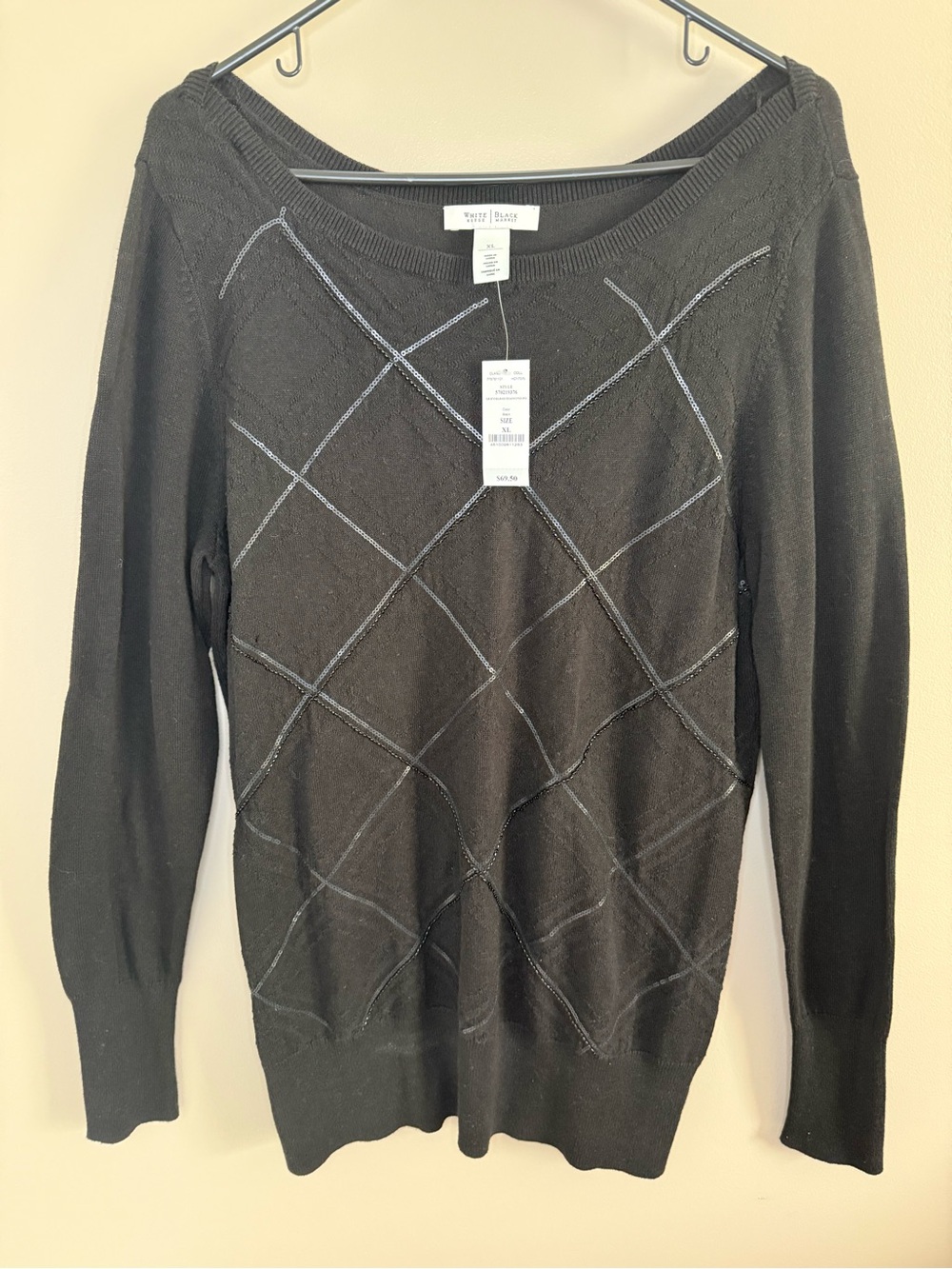 WHBM Black Sparkling Diamonds Sequin Argyle Lightweight Sweater Women’s XL